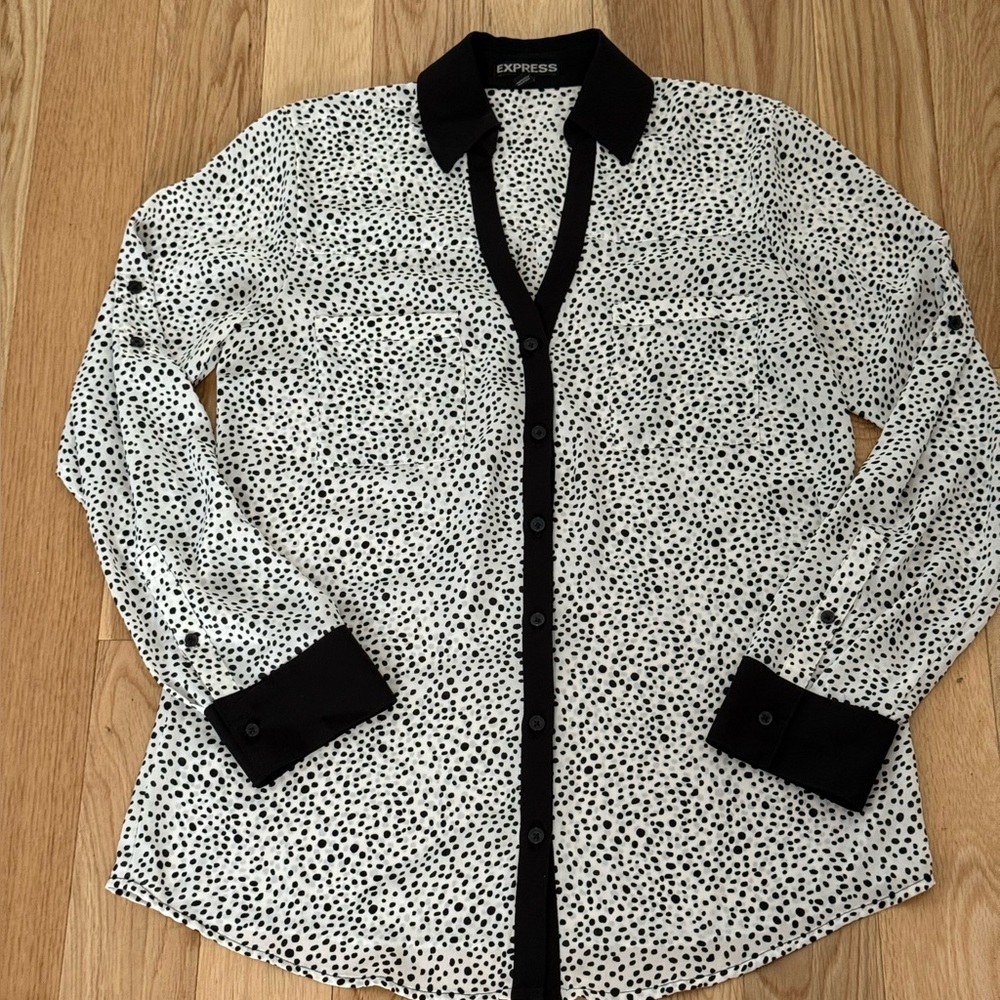 Express Portofino Long Sleeves Polka Dot Shirt In Black And White Size XS